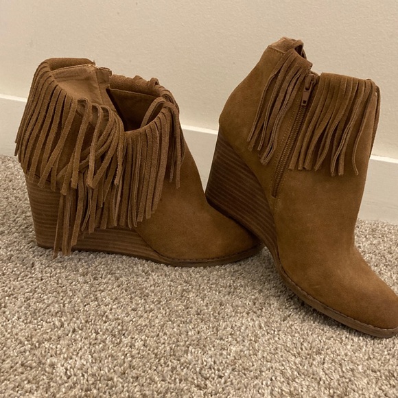 Lucky Brand Brown Fringe Wedge Boots - Picture 1 of 4